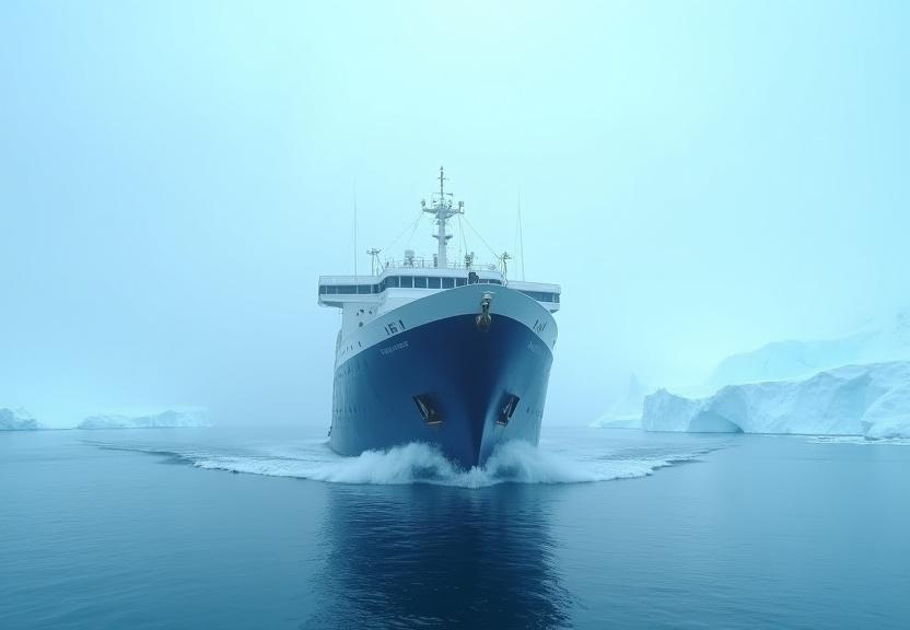 An elegant expedition ship navigating through icy waters in the legendary Northwest Passage