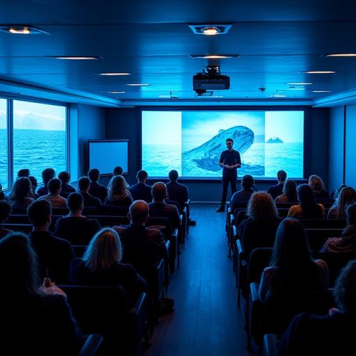 An engaging lecturer presenting in front of an attentive audience in a modern ship's theatre